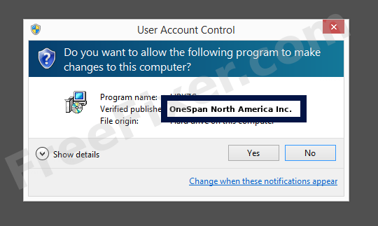 Screenshot where OneSpan North America Inc. appears as the verified publisher in the UAC dialog